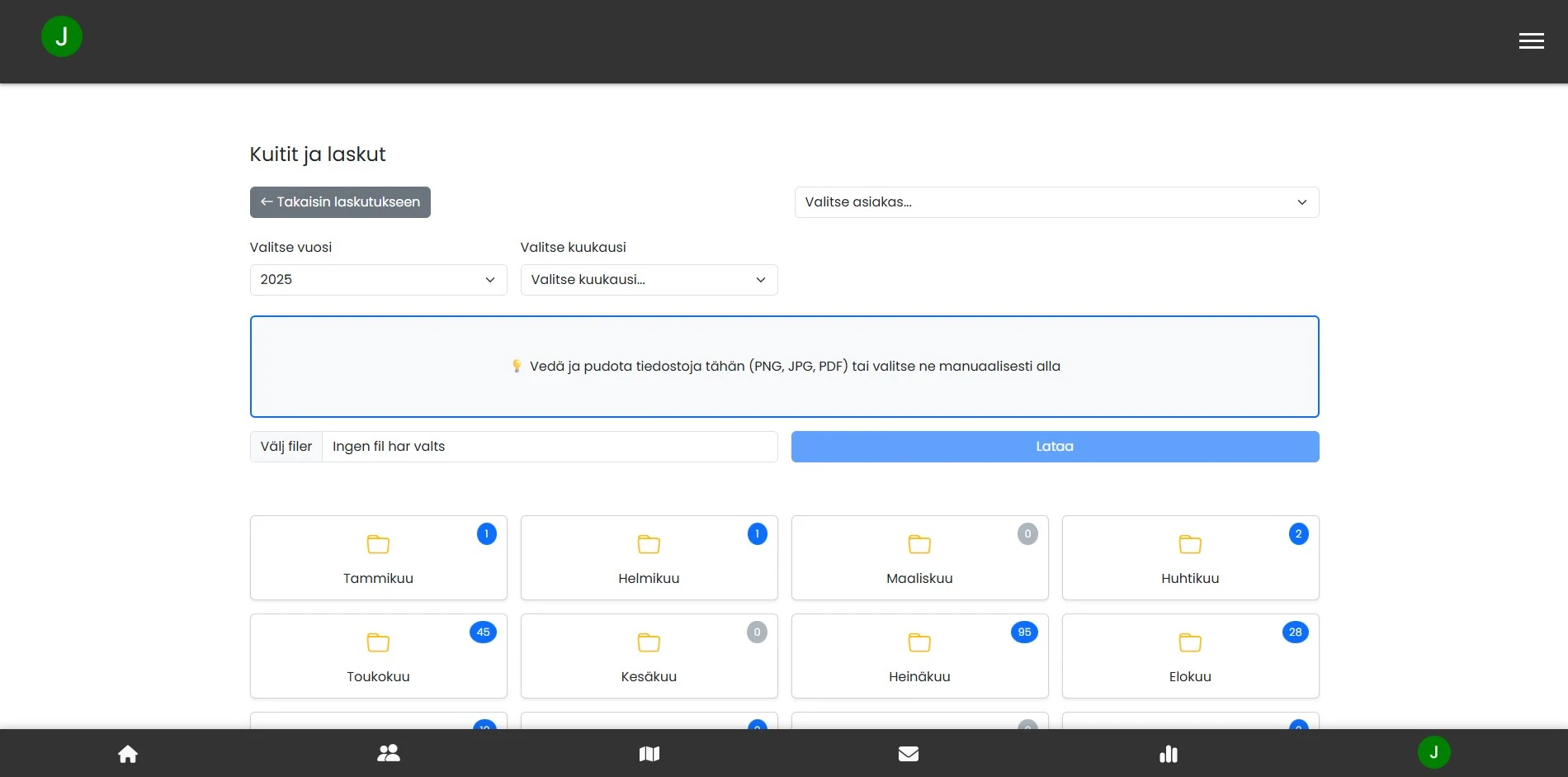 Esimerkki varmennetun kirjanpitäjän dokumentti- ja tilastonäkymästä JobClockissa